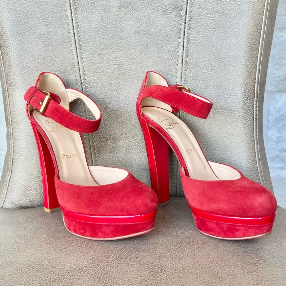 Christian Louboutin Luxura 140 Chic Red Suede Platform Heels Euro 37 1/2